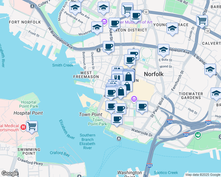 map of restaurants, bars, coffee shops, grocery stores, and more near in Norfolk