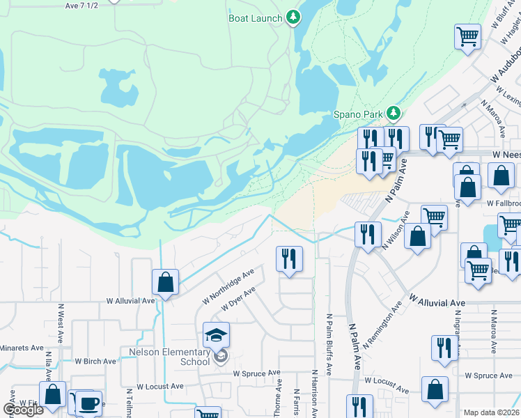 map of restaurants, bars, coffee shops, grocery stores, and more near 1230 W Moraga Rd in Fresno