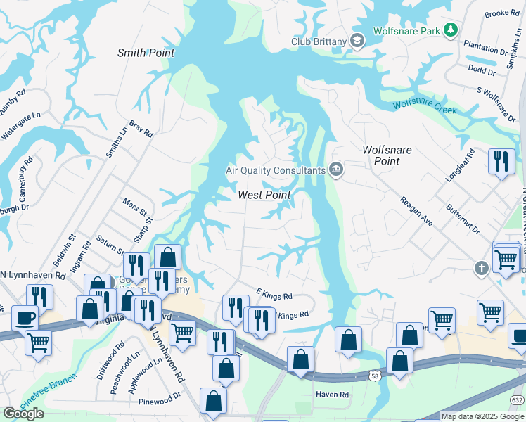map of restaurants, bars, coffee shops, grocery stores, and more near 2705 Shepherds Quarter in Virginia Beach