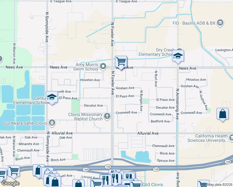 map of restaurants, bars, coffee shops, grocery stores, and more near 1825 El Paso Avenue in Clovis