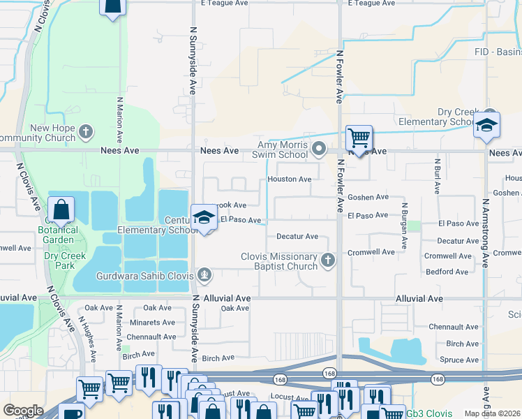 map of restaurants, bars, coffee shops, grocery stores, and more near 1554 Fallbrook Avenue in Clovis