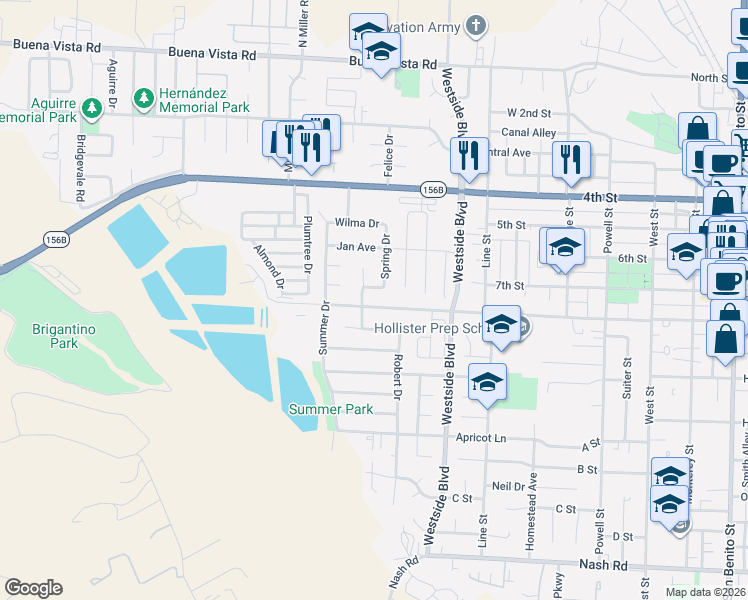 map of restaurants, bars, coffee shops, grocery stores, and more near 1174 South Street in Hollister