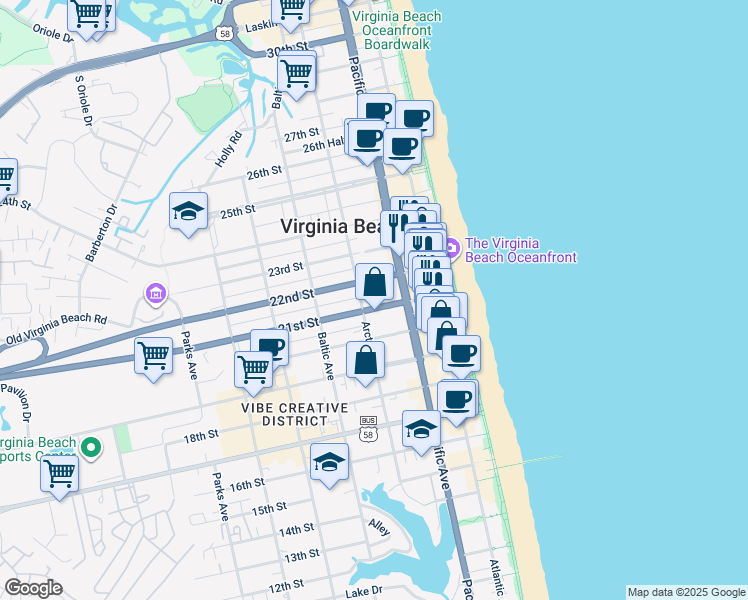 map of restaurants, bars, coffee shops, grocery stores, and more near 315 21st Street in Virginia Beach