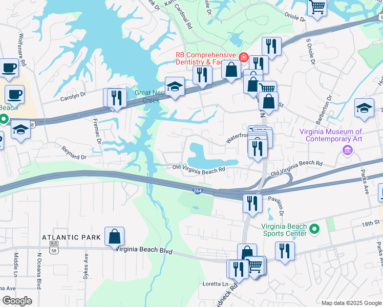 map of restaurants, bars, coffee shops, grocery stores, and more near 504 Treetop Drive in Virginia Beach