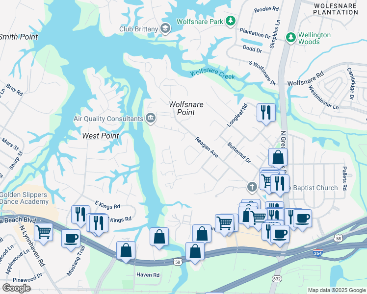 map of restaurants, bars, coffee shops, grocery stores, and more near 400 Falling Lane in Virginia Beach