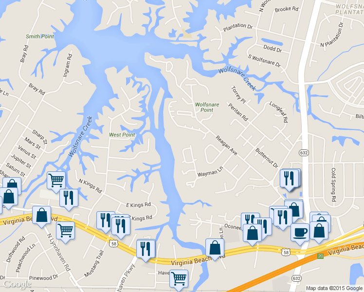 map of restaurants, bars, coffee shops, grocery stores, and more near 445 Benlea Circle in Virginia Beach