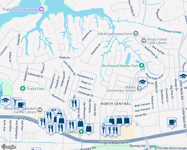 map of restaurants, bars, coffee shops, grocery stores, and more near 3809 Annie Lane in Virginia Beach