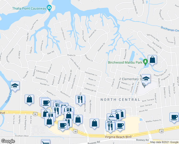 map of restaurants, bars, coffee shops, grocery stores, and more near 3828 Honeytree Lane in Virginia Beach