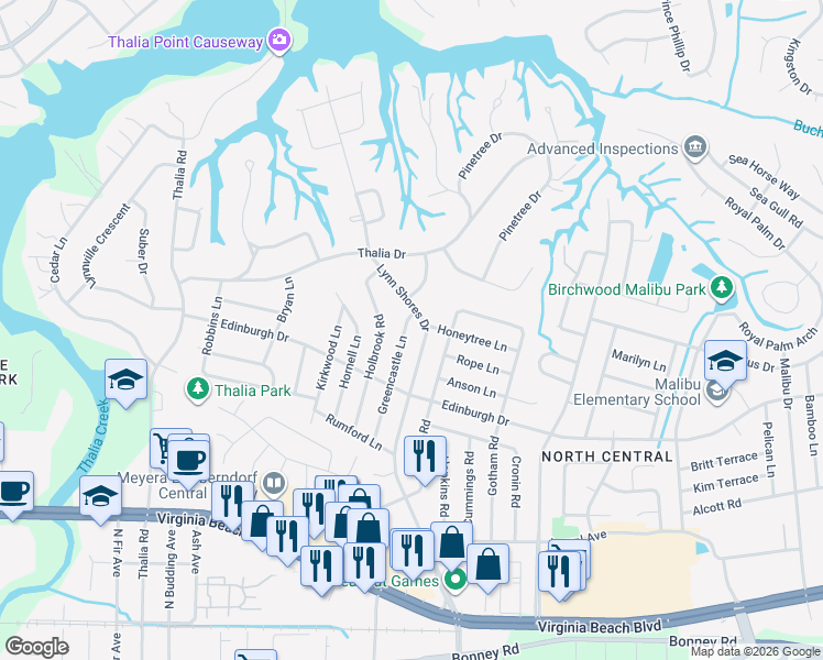 map of restaurants, bars, coffee shops, grocery stores, and more near 532 Lynn Shores Drive in Virginia Beach