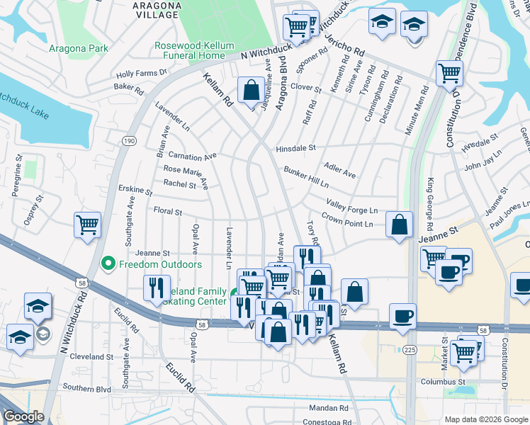map of restaurants, bars, coffee shops, grocery stores, and more near 4812 Floral Street in Virginia Beach