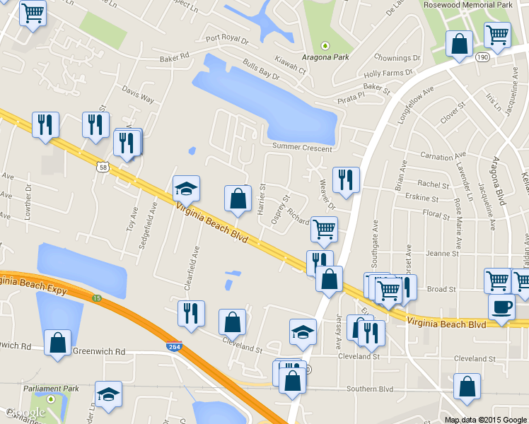 map of restaurants, bars, coffee shops, grocery stores, and more near 325 Harrier Street in Virginia Beach