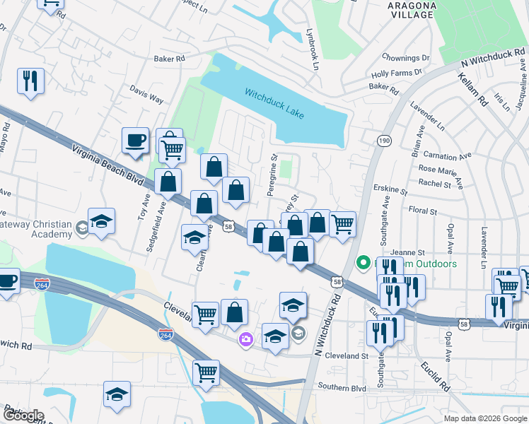 map of restaurants, bars, coffee shops, grocery stores, and more near 325 Harrier Street in Virginia Beach