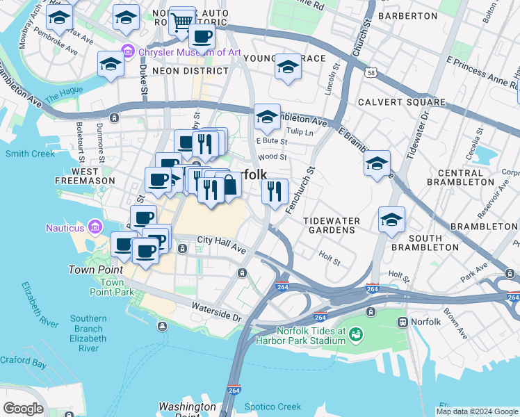 map of restaurants, bars, coffee shops, grocery stores, and more near 336 Cumberland Street in Norfolk