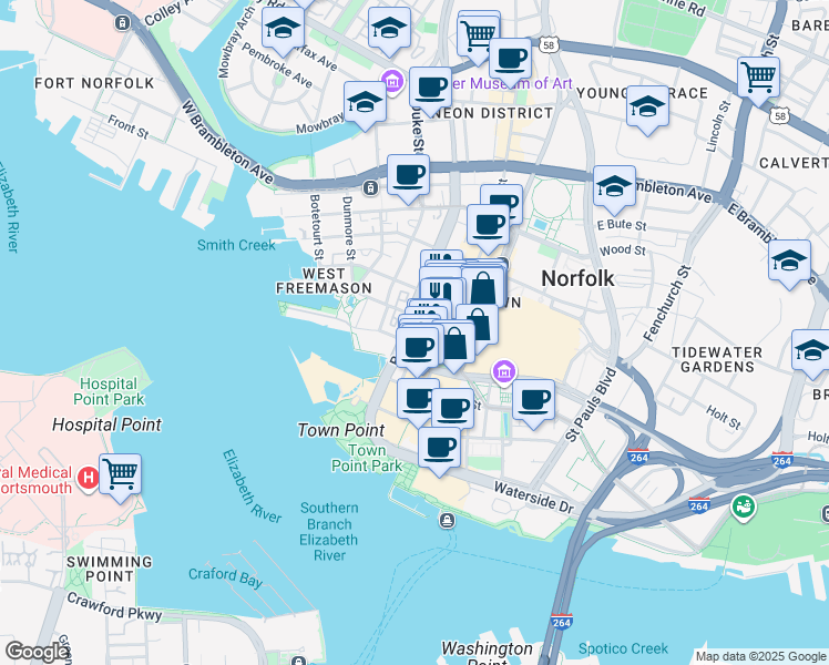 map of restaurants, bars, coffee shops, grocery stores, and more near in Norfolk