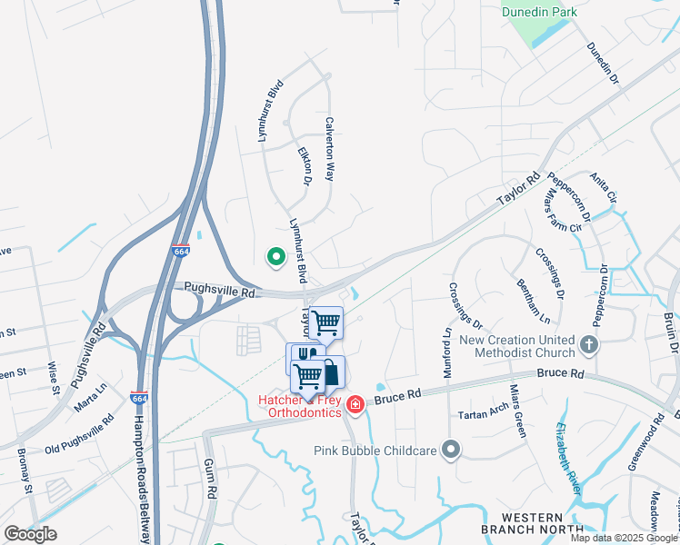 map of restaurants, bars, coffee shops, grocery stores, and more near 4723 Mahogany Run in Chesapeake