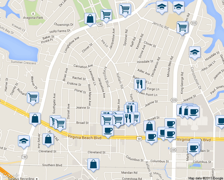 map of restaurants, bars, coffee shops, grocery stores, and more near 4812 Floral Street in Virginia Beach