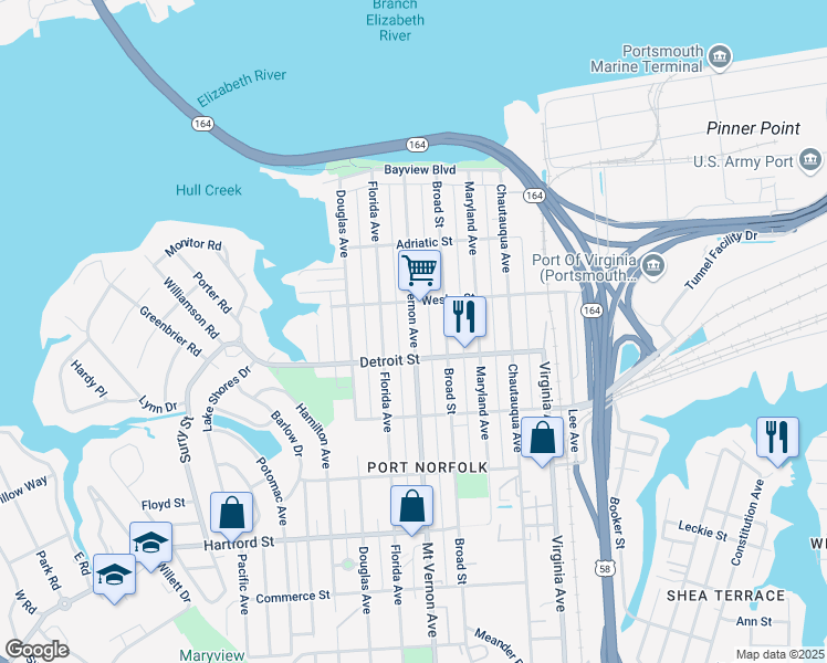 map of restaurants, bars, coffee shops, grocery stores, and more near 335 Mount Vernon Avenue in Portsmouth