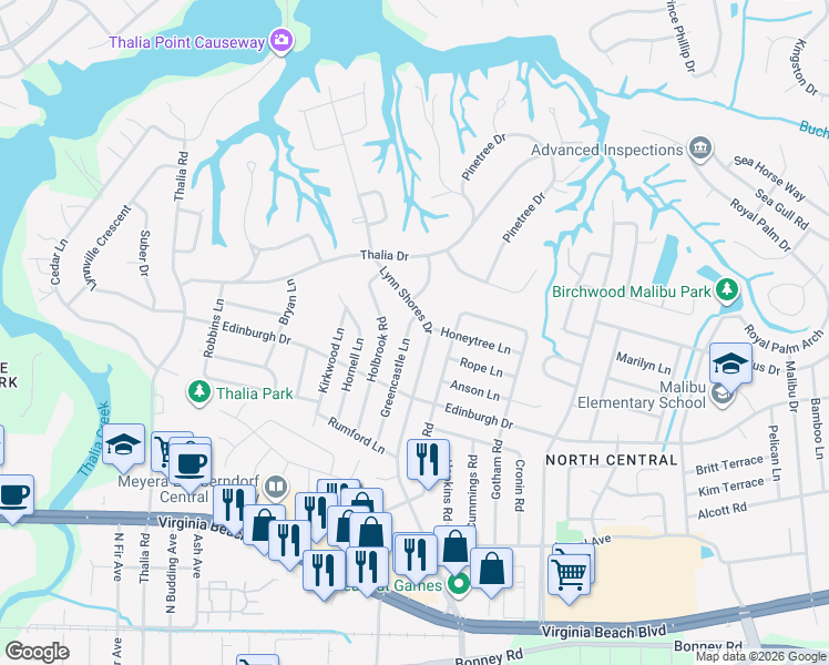 map of restaurants, bars, coffee shops, grocery stores, and more near 532 Lynn Shores Drive in Virginia Beach