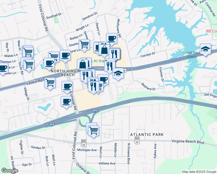 map of restaurants, bars, coffee shops, grocery stores, and more near 620 Suhtai Court in Virginia Beach