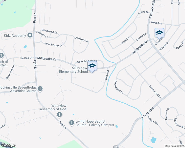 map of restaurants, bars, coffee shops, grocery stores, and more near 415 Millbrooke Drive in Hopkinsville