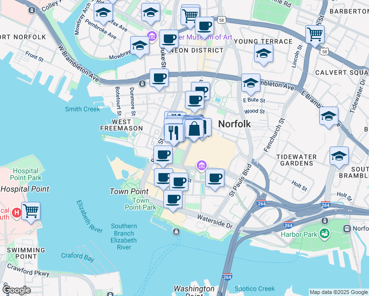 map of restaurants, bars, coffee shops, grocery stores, and more near 108 East Tazewell Street in Norfolk
