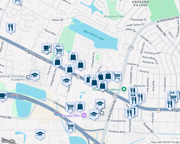 map of restaurants, bars, coffee shops, grocery stores, and more near 325 Harrier Street in Virginia Beach