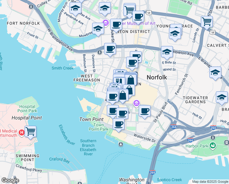 map of restaurants, bars, coffee shops, grocery stores, and more near in Norfolk