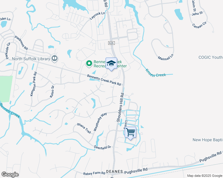 map of restaurants, bars, coffee shops, grocery stores, and more near 3601 Pacers Place in Suffolk