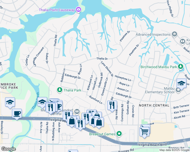map of restaurants, bars, coffee shops, grocery stores, and more near 517 Hornell Lane in Virginia Beach