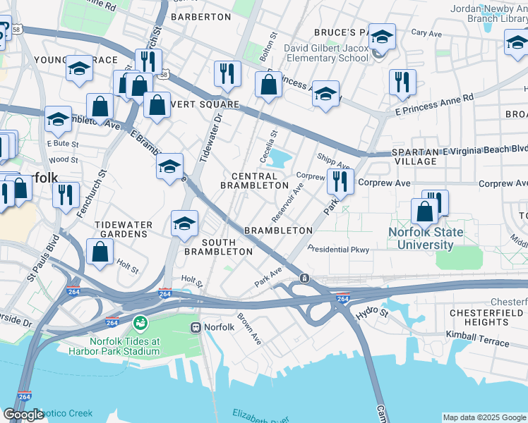 map of restaurants, bars, coffee shops, grocery stores, and more near 734 Maltby Avenue in Norfolk