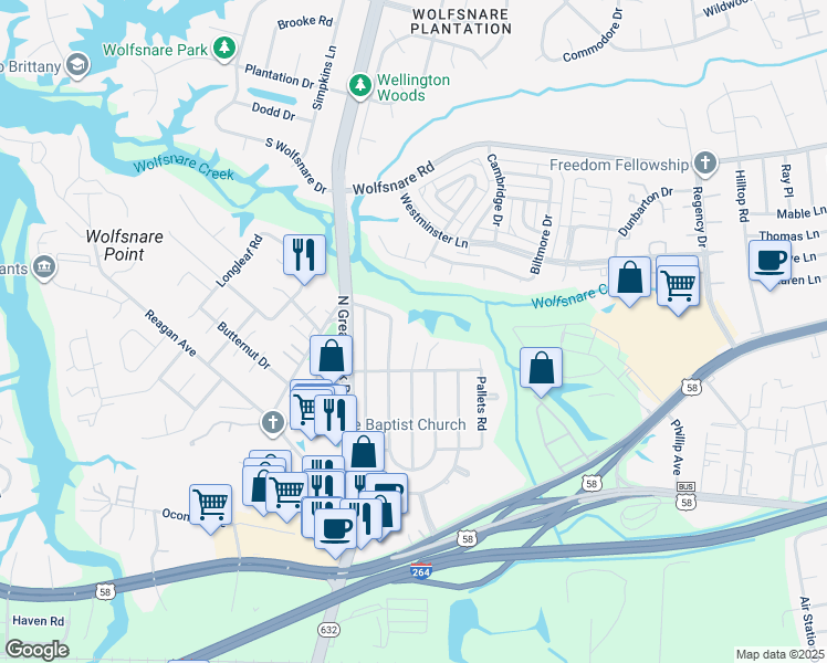 map of restaurants, bars, coffee shops, grocery stores, and more near 521 Cold Spring Road in Virginia Beach