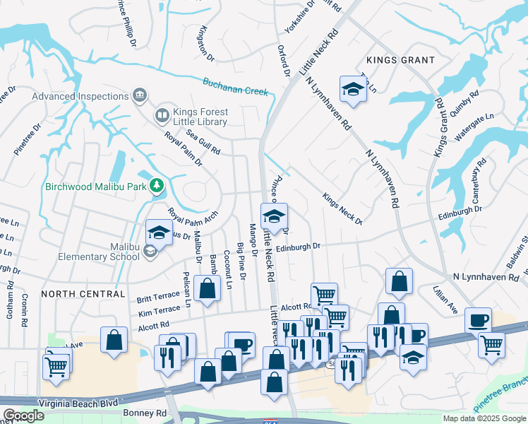 map of restaurants, bars, coffee shops, grocery stores, and more near 528 Mango Drive in Virginia Beach
