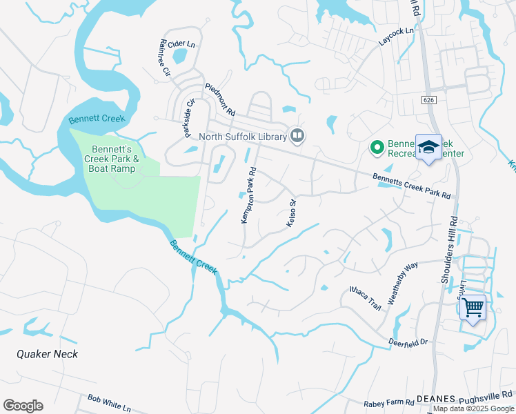 map of restaurants, bars, coffee shops, grocery stores, and more near 3502 Lingfield Cove in Suffolk