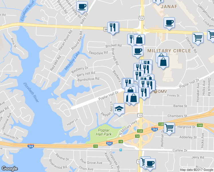 map of restaurants, bars, coffee shops, grocery stores, and more near 5537 Barnhollow Road in Norfolk