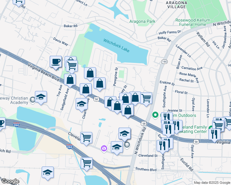 map of restaurants, bars, coffee shops, grocery stores, and more near 325 Harrier Street in Virginia Beach