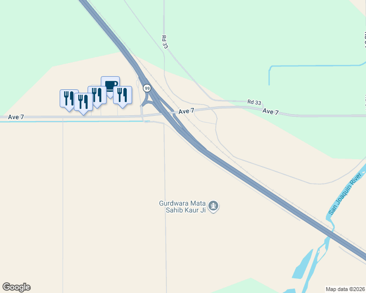 map of restaurants, bars, coffee shops, grocery stores, and more near 6710 Golden State Boulevard in Madera