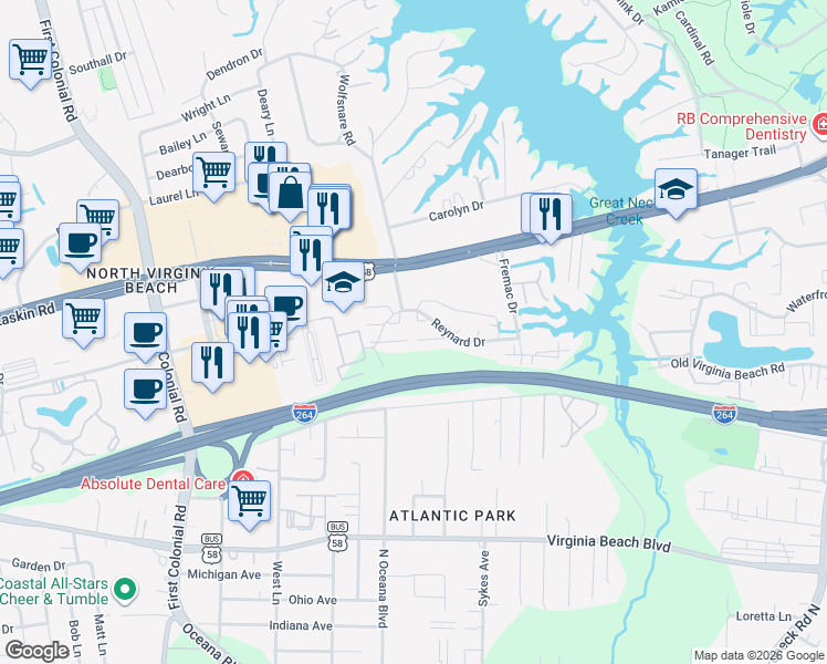 map of restaurants, bars, coffee shops, grocery stores, and more near 1419 Automne Circle in Virginia Beach