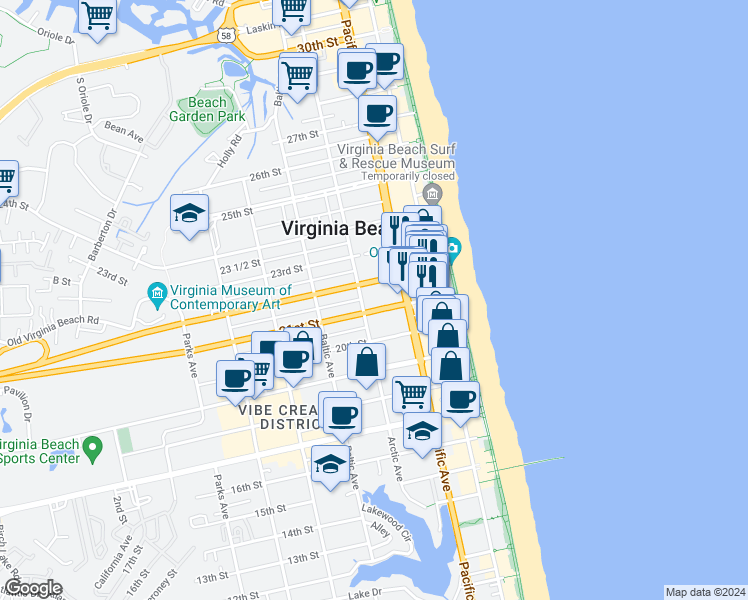 map of restaurants, bars, coffee shops, grocery stores, and more near 315 21st Street in Virginia Beach