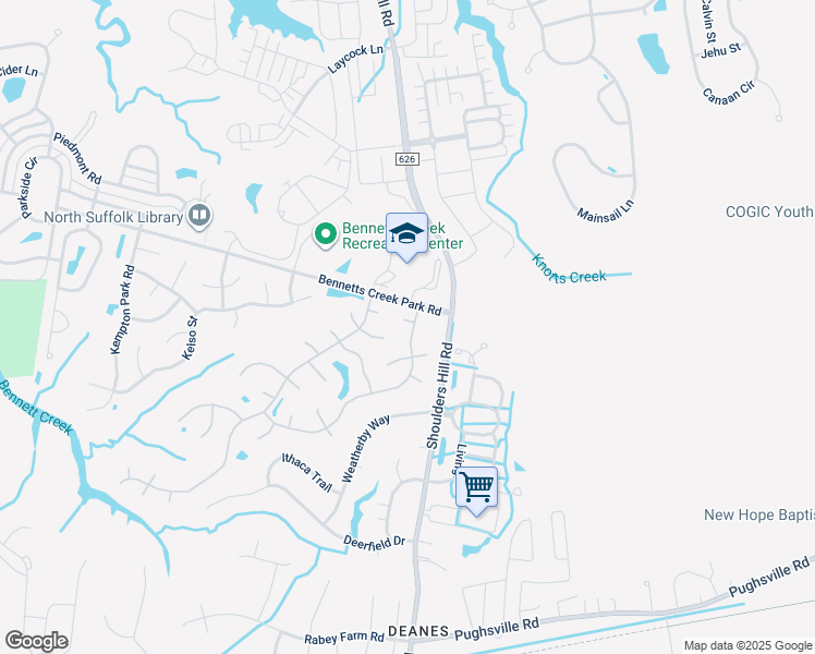 map of restaurants, bars, coffee shops, grocery stores, and more near 3601 Pacers Place in Suffolk