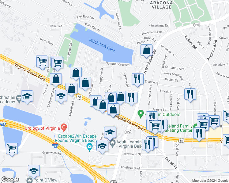 map of restaurants, bars, coffee shops, grocery stores, and more near 5204 Richard Road in Virginia Beach