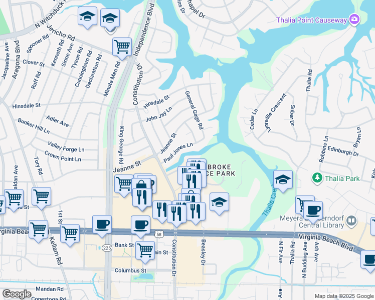 map of restaurants, bars, coffee shops, grocery stores, and more near 4425 Paul Jones Lane in Virginia Beach