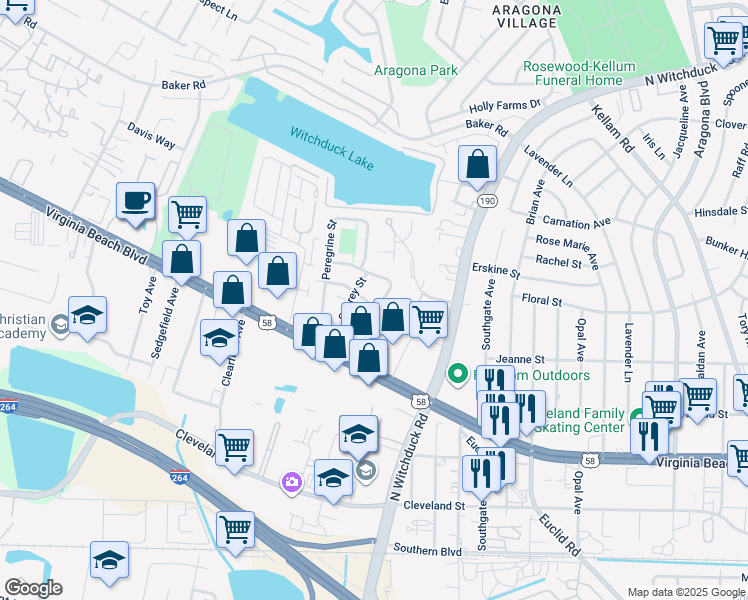 map of restaurants, bars, coffee shops, grocery stores, and more near 5204 Richard Road in Virginia Beach