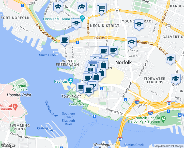 map of restaurants, bars, coffee shops, grocery stores, and more near 111 West Tazewell Street in Norfolk