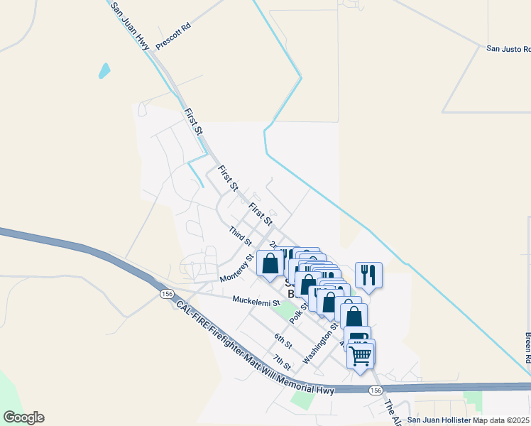 map of restaurants, bars, coffee shops, grocery stores, and more near 7 Vía Padre in San Juan Bautista