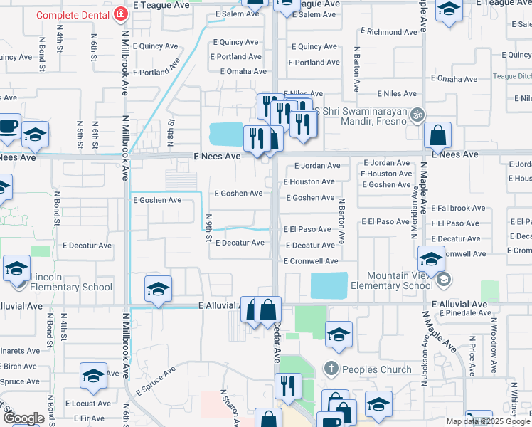 map of restaurants, bars, coffee shops, grocery stores, and more near 7763 North Cedar Avenue in Fresno