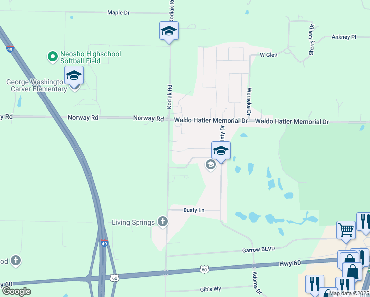 map of restaurants, bars, coffee shops, grocery stores, and more near 3046 Fairway Circle in Neosho