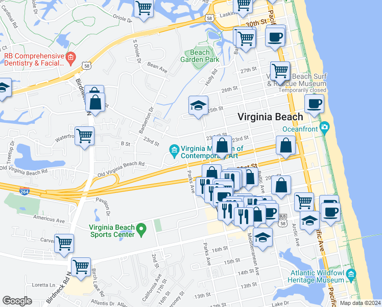 map of restaurants, bars, coffee shops, grocery stores, and more near 730 23rd Street in Virginia Beach