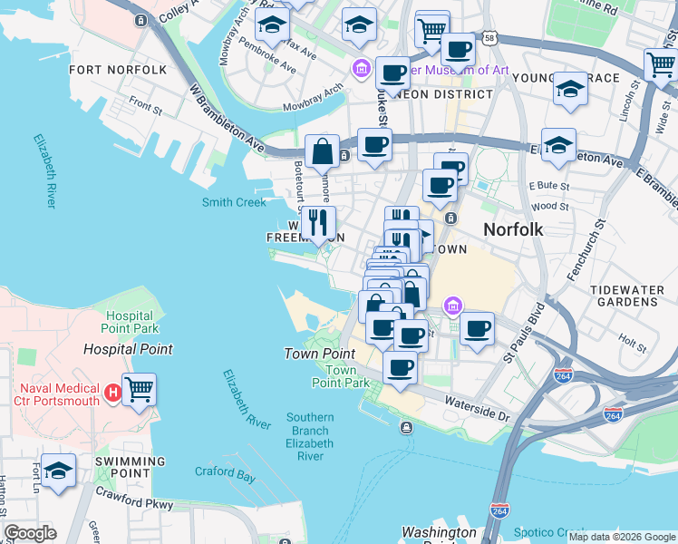 map of restaurants, bars, coffee shops, grocery stores, and more near Brooke Avenue in Norfolk