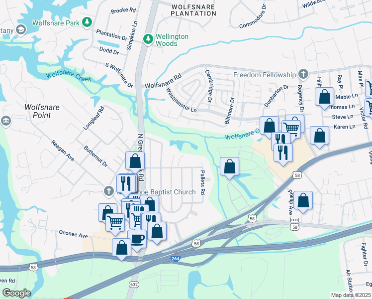 map of restaurants, bars, coffee shops, grocery stores, and more near 2128 Chicken Valley Road in Virginia Beach
