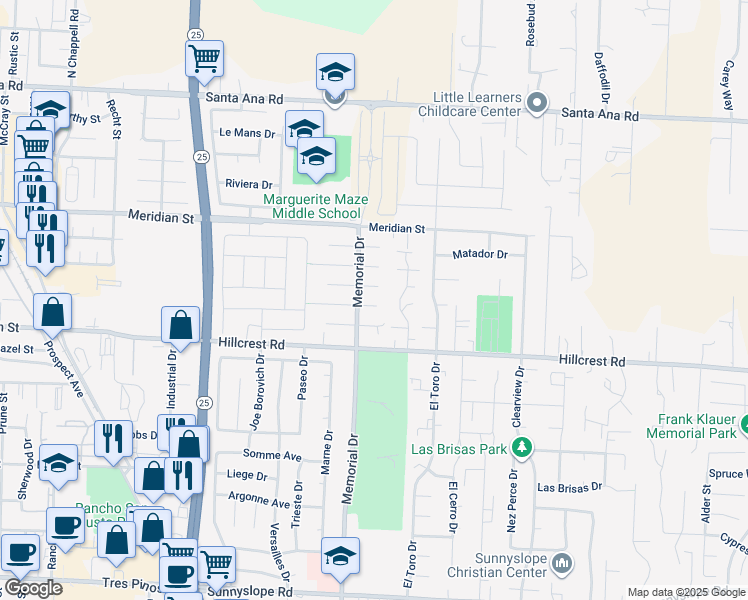 map of restaurants, bars, coffee shops, grocery stores, and more near 1020 Cherry Court in Hollister